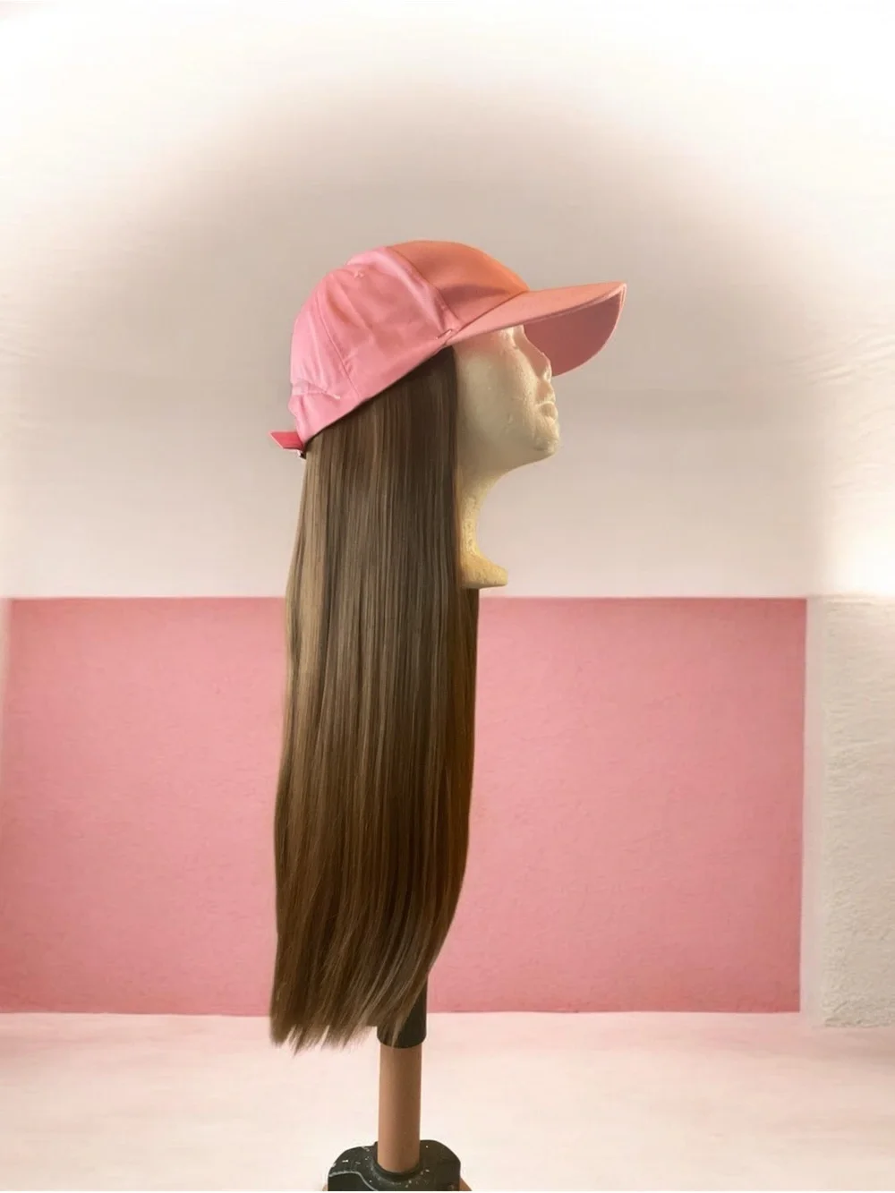 Pink Baseball Cap Wig with Long Straight Brown Hair - Unbranded